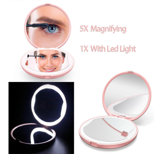 Specchio ingranditore rosa portatile per il trucco con 13 luci LED 1