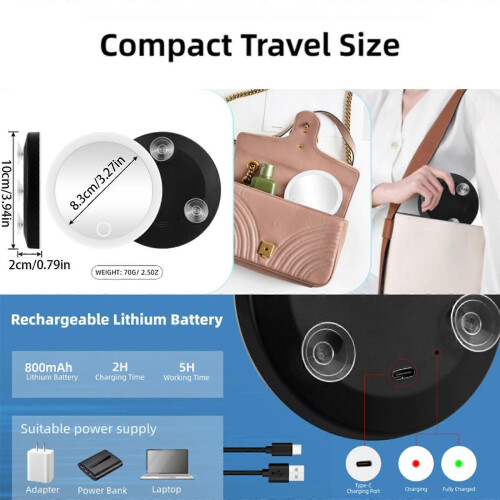 W30 Rechargeable Touch Control Magnifying Mirror with Suction Cup, Portable Vanity Makeup Tool 2