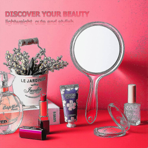 Hand Mirror Double Sided 1x/2x Magnifying Glass with Handle Transparent 2