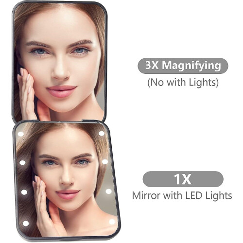 (Black) Compact Mirror with Light, 1x/3x Magnification, 2-Sided Magnetic Switch, Travel Makeup Mirror 2