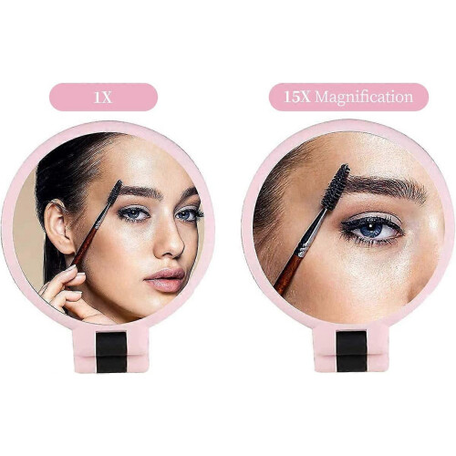 Pink 15X Double-Sided Magnifying Pocket Mirror, Compact Portable Pedestal Makeup Mirror 1