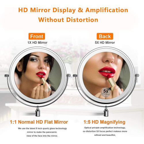 8" Double LED Magnifying Mirror, Wall Mounted 360 Swivel, Chrome, Extendable, Battery Powered 1