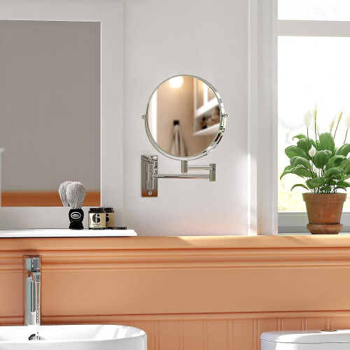 8" Double LED Magnifying Mirror, Wall Mounted 360 Swivel, Chrome, Extendable, Battery Powered 2