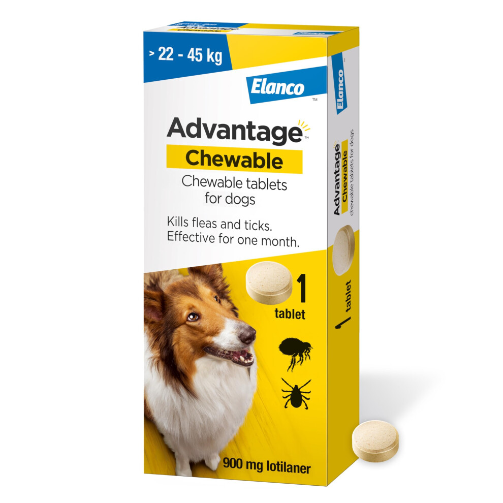 Advantage Chewable 900Mg Chewable Tablets For Dogs >22-45Kg (1 Pack), Flea And Tick Treatment, Fast Acting Kills Fleas Within Hours, Prevention Lasts