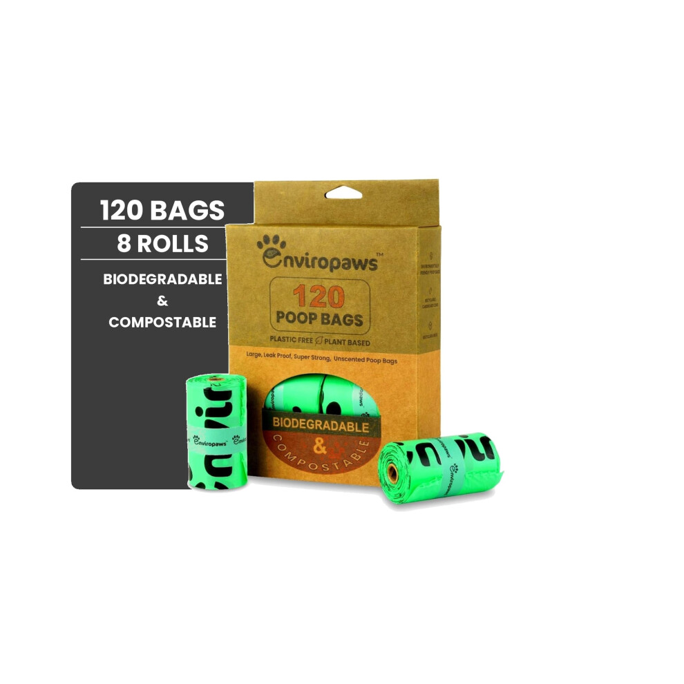 Enviropaws Biodegradable & Compostable Cat Poop Bags - 120 Dog & Cat Litter Bags (8 Rolls Of 15 Bags) For Cat Waste - Leak Proof; Super Stro