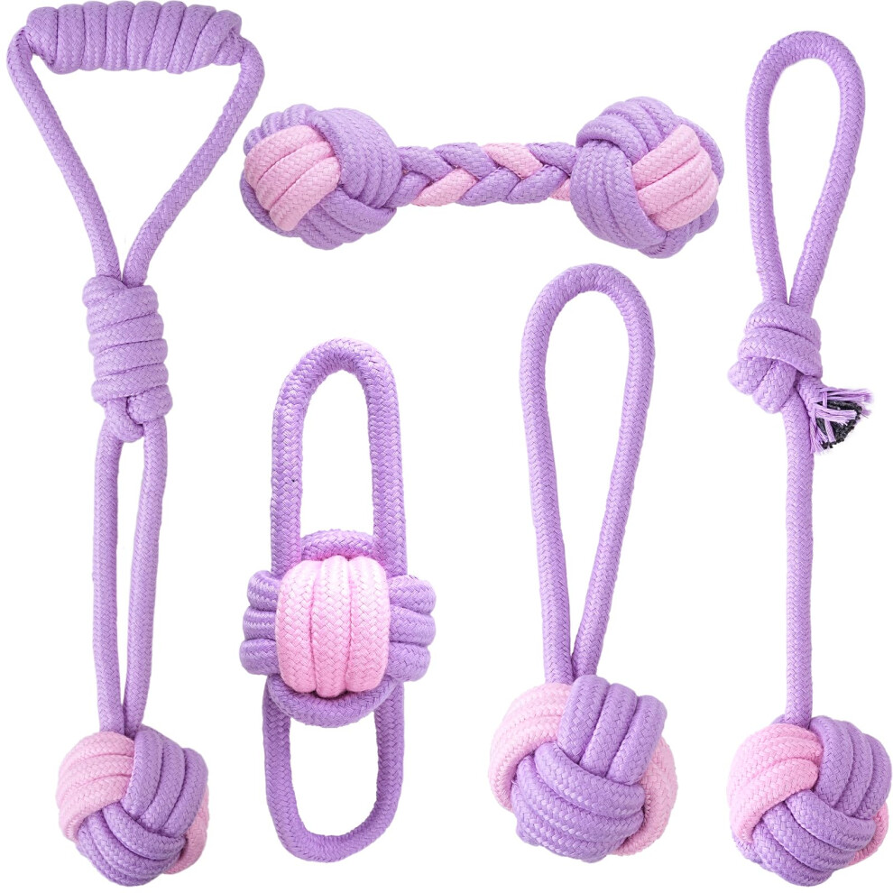 Wovte 5 Pack Large Dog Rope Toys For Aggressive Chewers, 5 Knots Indestructible Chew Toy Kit For Medium Large Dogs, Puppy Teething Tug Toy, Purple Co 5008102340609
