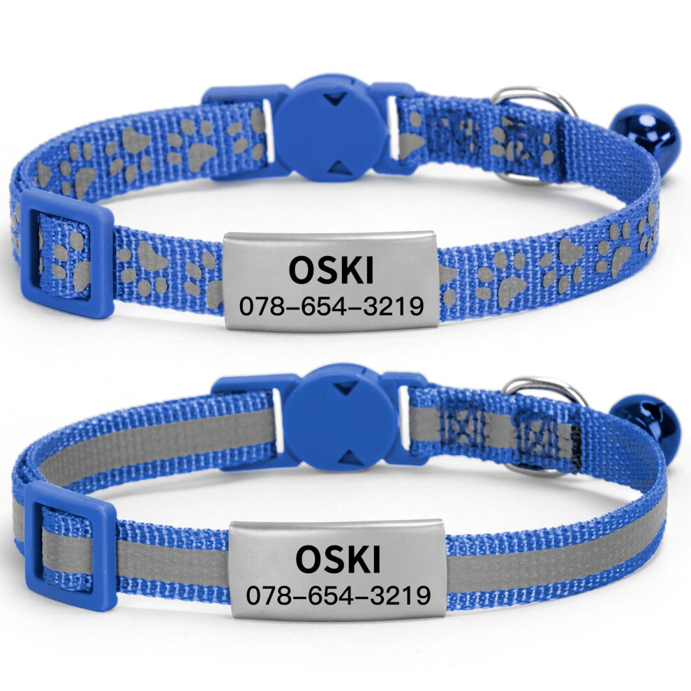 Seougee 2-Pack Personalised Reflective Cat Collar With Name Tag,Quick Release Kitten Collars With Bell Safety Buckle, Adjustable Nylon Cat Collars F