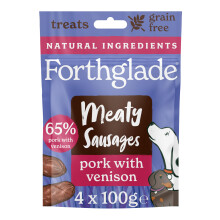Forthglade Meaty Sausages (4 x 100g Bags) - Hypoallergenic & Grain Free Natural Dog Treats, Pork with Venison, Natural Dog Treats with 65% Meat, Rese