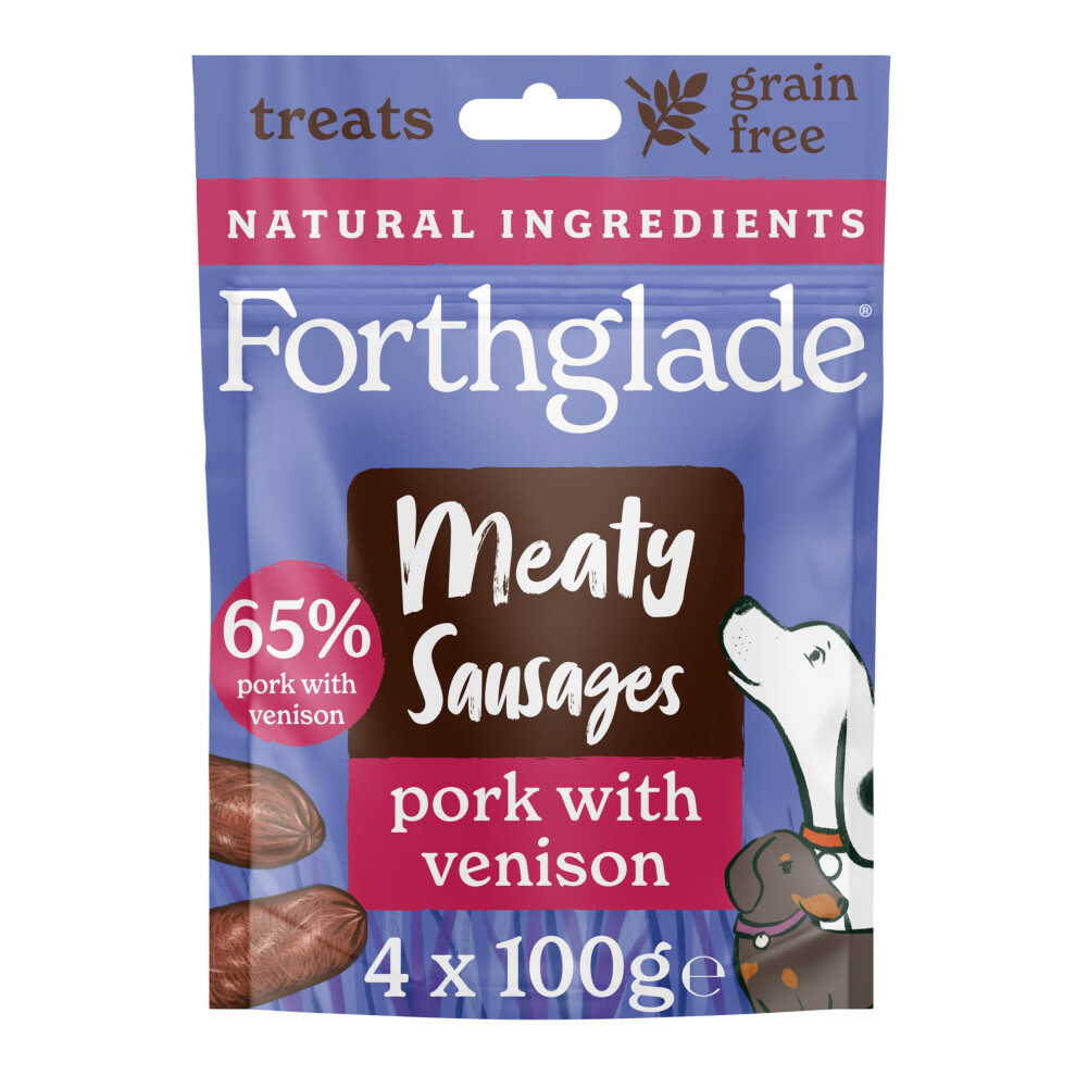 Forthglade Meaty Sausages (4 X 100G Bags) - Hypoallergenic & Free Natural Dog Treats, Pork With Venison, Natural Dog Treats With 65% Meat, Rese Grain