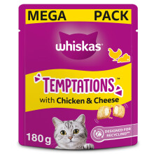 WHISKAS Temptations - Tasty, Crunchy Treats for Adult Cats, Small Bite Size Snacks with a Delicious Chicken and Cheese Filling, 4 x 180 g Packets - P