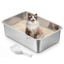 Feandrea Stainless Steel Litter Box, Open Top Cat Litter Tray with Scoop, Silver, 50 x 35 x 15 cm for Medium and Large Cats PPT016E101
