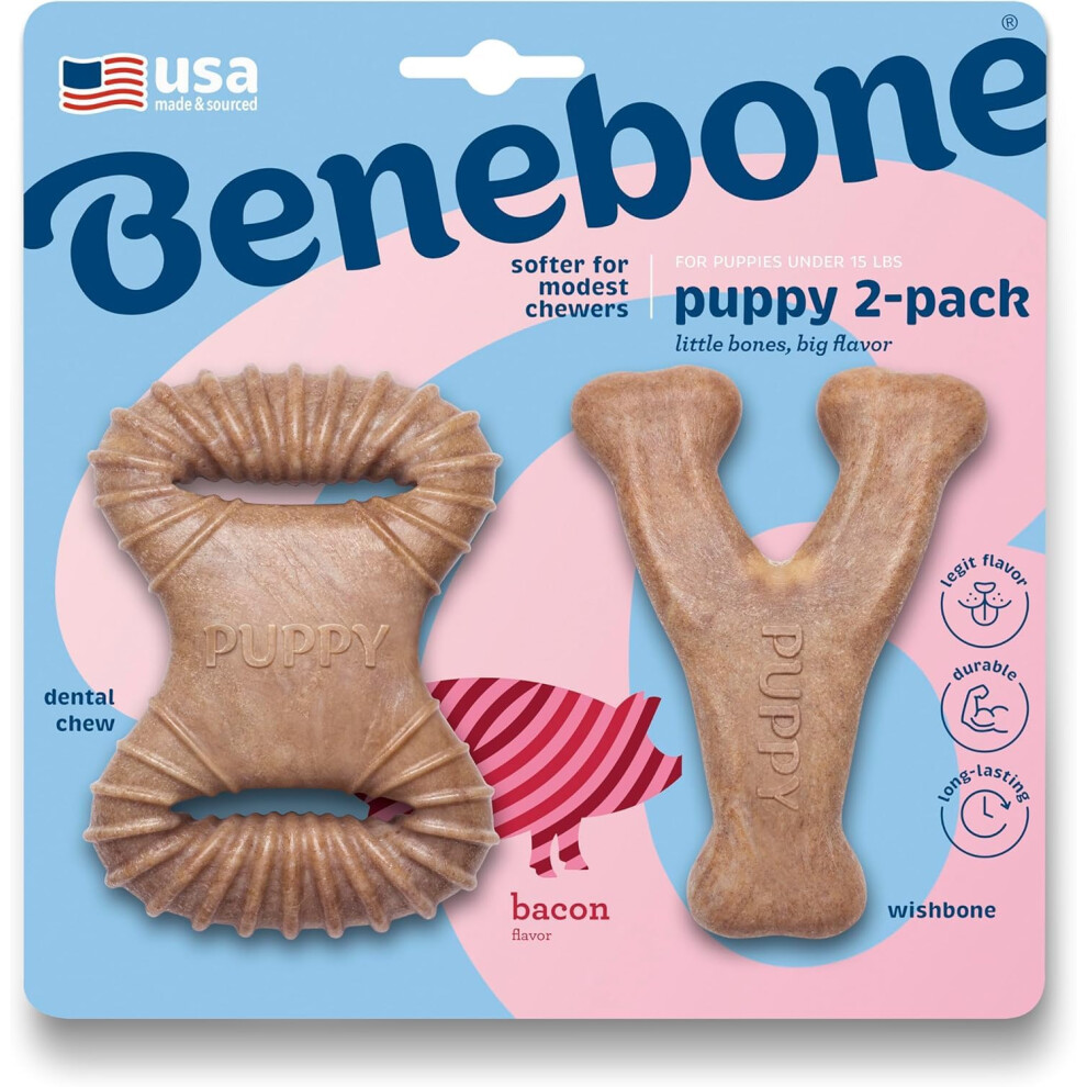Benebone Puppy Tiny 2-Pack Dental Chew/Wishbone For Aggressive Chewers, Long Lasting Teething Boredom Breaker For Puppies, Real Bacon Flavou