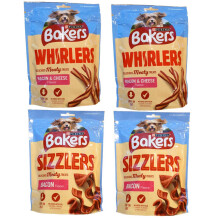 Baker Bacon & Cheese Whirlers 2 x 130g and Bacon Sizzlers 2 x 90g Dog Treats
