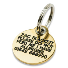Engraved Dog tag, Deeply Engraved, Reinforced Solid Brass 27mm Circular Dog tag