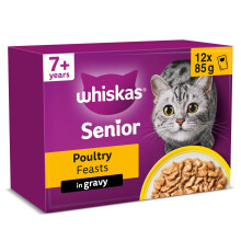 WHISKAS Senior 7+ Wet Cat Food in Gravy 12x85g Poultry Feasts (Pack of 4)