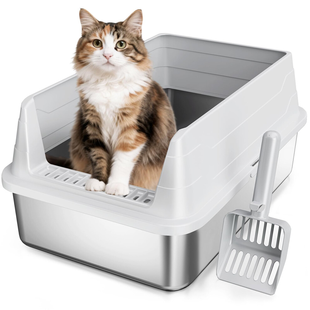 Photos - Cat Litter Stainless Steel  Box, Odor Free Metal Litter Box with High Sides Lid, Open Top Low Entry Litter Pan Include Scoop