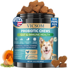 VICSOM Dog Probiotics for Digestive Health, Probiotics for Dogs Soft Chews, Chicken Flavour, 200 Soft Chews, Daily Gut Health, Stool Quality, Immune,