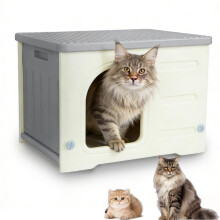 Plastic Cat House for Outdoor Indoor,Stackable Feral Cat Shelter Outside Cat House Insulated Weatherproof Waterproof,Accommodate 1-2 Cats,Cut-Out Han