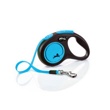 flexi Neon S | 5 m retractable tape leash for dogs up to 15 kg | Black / neon blue | retractable dog lead | Weight: 210 g | Dimensions: 10 x 16.5 cm