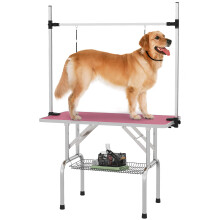 PawHut 42" Foldable Dog Grooming Table Adjustable Pet Cat Drying Beauty Table Rubber Top with 2 Loops Storage Basket Metal Pink