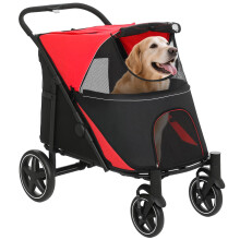 PawHut Dog Stroller, Foldable Pet Pram Dog Pushchair Buggy with Adjustable Canopy for Medium and Large Breeds, Red