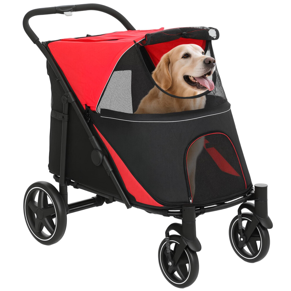 Pawhut Dog Stroller, Foldable Pet Pram Dog Pushchair Buggy With Adjustable Canopy For Medium And Large Breeds, Red