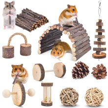 ERKOON Hamster Chew Toys, Small Animal Boredom Breaker Guinea Pig Activity Toy Natural Wooden Accessories Gerbil Rat Chinchilla Dumbbells Play Bridge
