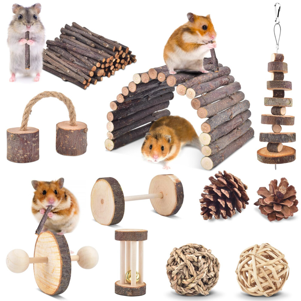 Erkoon Hamster Chew Toys, Small Animal Boredom Breaker Guinea Pig Activity Toy Natural Wooden Accessories Gerbil Rat Chinchilla Dumbbells Pl