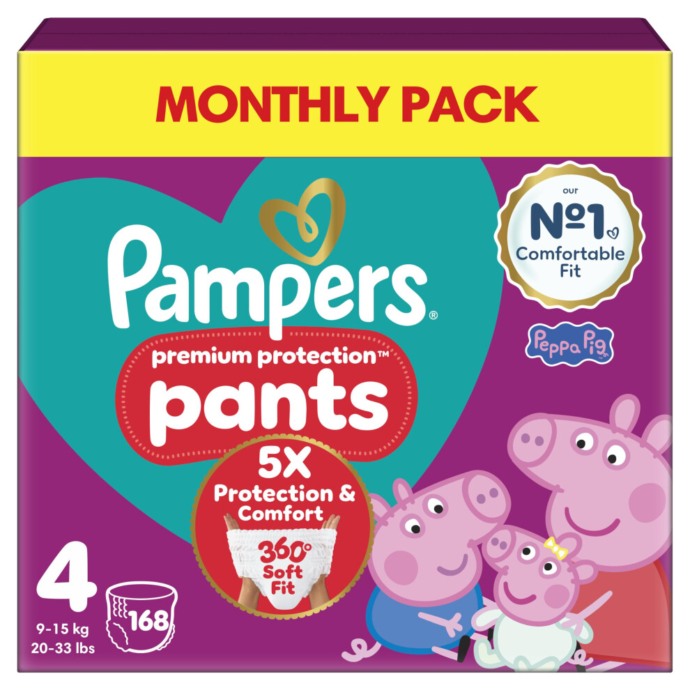 Premium Protection Nappy Pants Size 4, 168 Nappies, 9Kg-15Kg, Monthly Pack + Harmonie Aqua Baby Wipes 1 Pack Of 10 Wipes Pampers