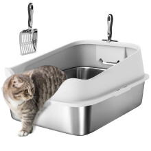 PawHut XL Cat Litter Tray Stainless Steel, Cat Litter Box High Sided with Metal Litter Scoop, Never Absorbs Odors, Anti Leakage & Easy to Clean, 60 x