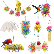 BIPY 12PCS Bird Chewing Toys Natural Cuttlefish Bone for Parrot Shredding Loofah Foraging Cage Toy with Rattan Ball Pet Birds Stand Toys for Parrots