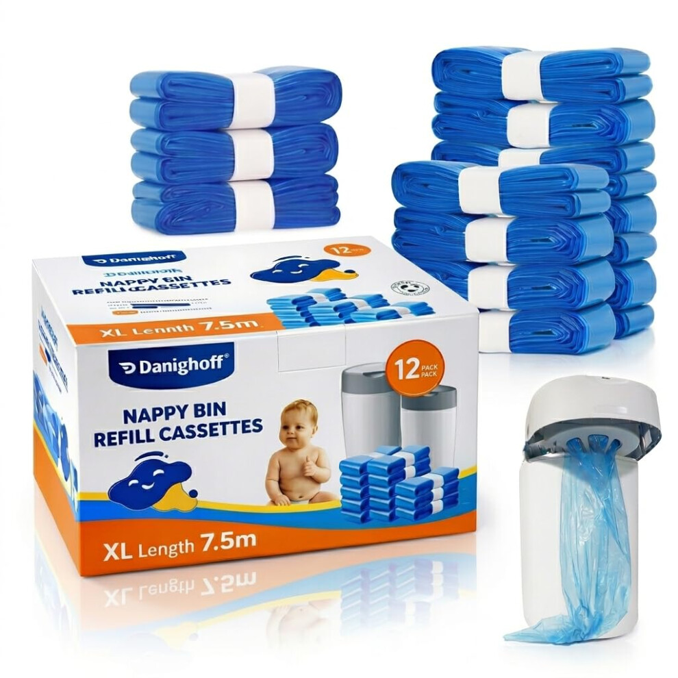 Nappy Bin Refills, 7.5M Extra-Long Diaper Pail Bags Compatible With Tommee Tippee Twist & Click And Sangenic Tec Bins, Multi-Layer Odour-Blocking Ref Danighoff