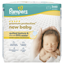 Pampers Premium Protection New Baby Wipes Plastic Free, 3 Packs of 60 Wipes = 18