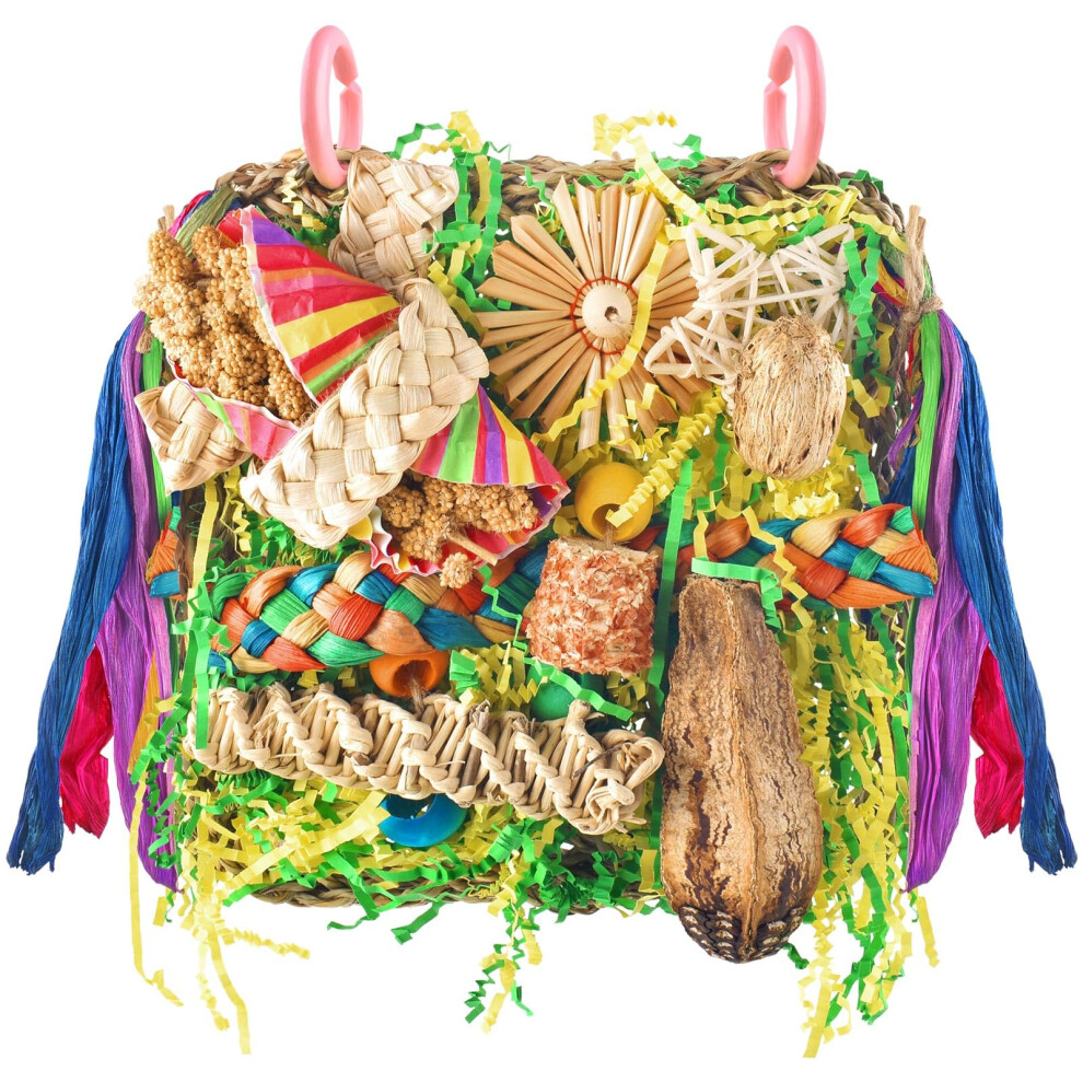Erkoon Foraging Toys For Parakeets, Lovebirds, Conures - Hanging Wall With Colorful Shredding Seagrass (Yellow+Green)