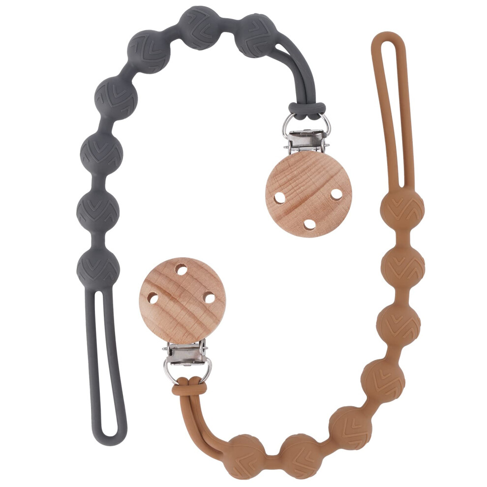 Eyogo Silicone Dummy Clip For Baby Boys And Girls, One Piece Pacifier Clips, Wooden Soother Clips Design, Fits Most Pacifiers And Teething Toys, 2 Pack (Cl