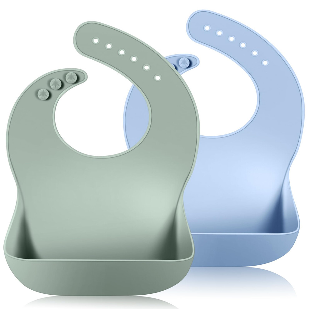 Vicloon Silicone Baby Bib, 2Pcs Baby Weaning Bibs, Waterproof Baby Feeding Bibs Adjustable With Wide Food Catcher Pocket Unisex Toddler Bibs (Blue-Gr
