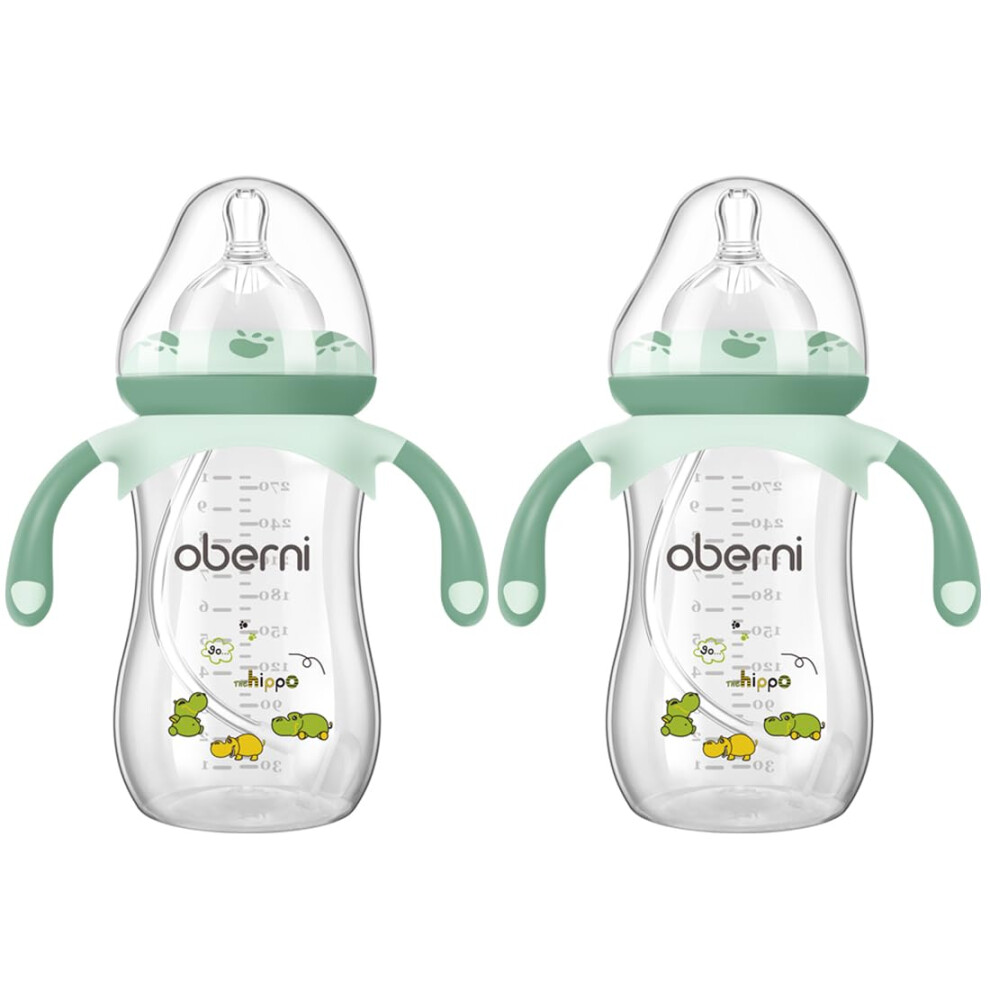 Oberni Anti-Colic Baby Bottle With Size 4 Breast-Like Teat, Non-Slip Handles, Weighted Straw For 12 Months Newborn Babies, 270Ml/9Oz/Green/2Pack
