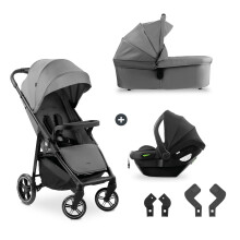 hauck Shop N Care Trio Set, Grey - Lightweight Pushchair (only 8.5 kg) Travel System with Pram Unit & i-Size Car Seat from Birth, Snack Tray, Cup Hol