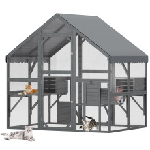 MELLCOM Outdoor Cat Enclosure,Wooden Catio with Waterproof Roof,Bridges,Small Asphalt Roof Cat Houses,Compatible with Wall-Pet Doors,186x140x188cm