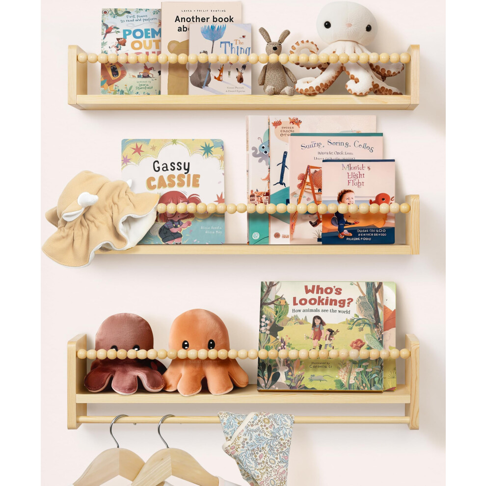 Mazjoaru Nursery Shelves With Solid Pine Wood, 58Cm Extra-Wide, Set Of 3, Floating Shelves For Wall, Nursery Book Shelf, Baby Book Shelf, Shelves For