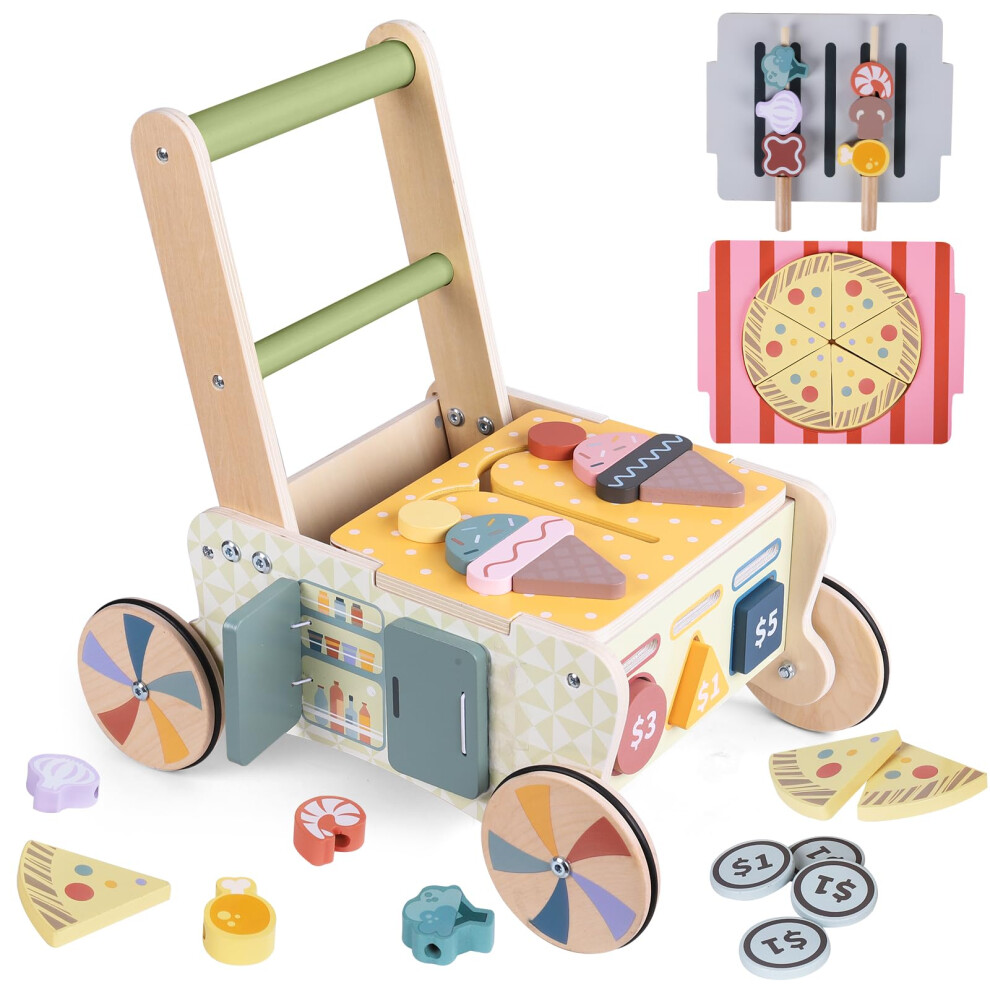 Wooden Baby Walker With Wheels, Montessori Kitchen Walking Toys, Pretend Play Grocery Toys, Sorting And Stacking Toys For Infants And Toddlers, Push Takeeyce