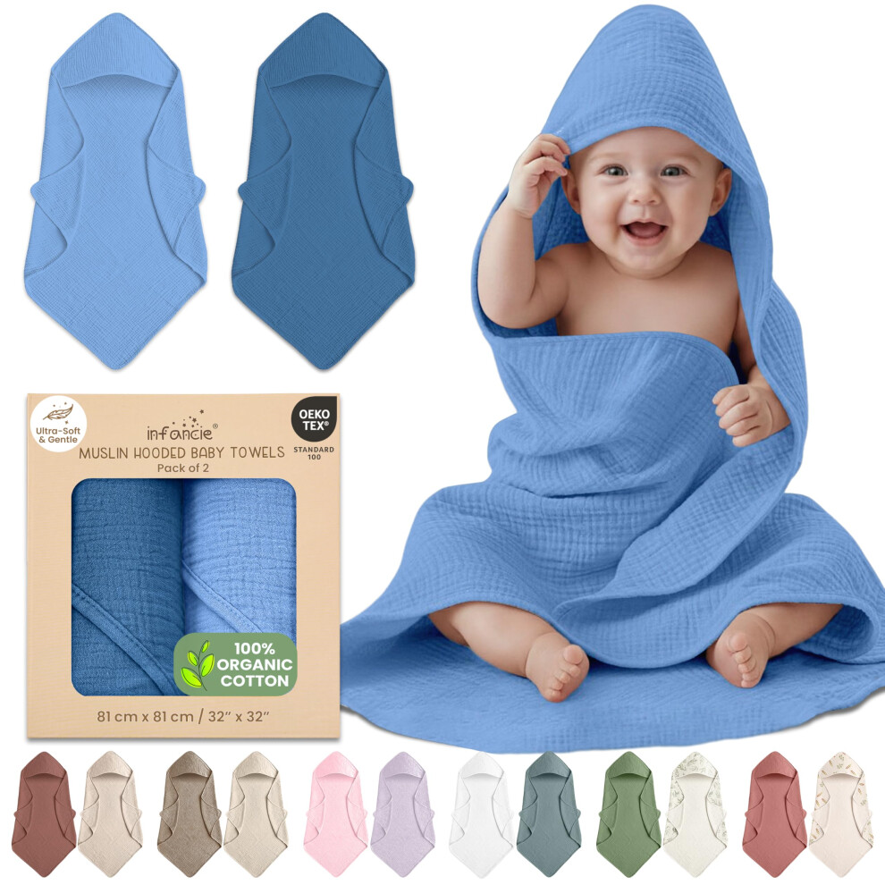 Infancie Organic Cotton Hooded Baby Towel - 2 Pack Muslin Baby Towels For Infants, 81X81 Cm Bath Towels With Hood - Super Soft, Absorbent And Durable