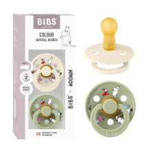 BIBS Colour Moomins Soother 2-Pack, BPA Free Dummy Pacifier, Round Nipple. Natural Rubber Latex, Made in Denmark, Size 2 (6-18 Months), Ivory/Sage