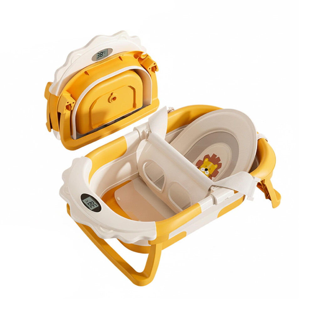 Superbe Bebe Foldable Baby Bathtub With Thermometer And Bath Cushion Support Â Digital Temperature Display Â Lion Model Yellow And White
