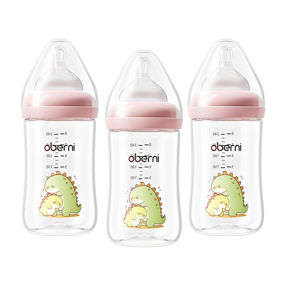Oberni Anti-Colic Baby Bottles, 240Ml / 8Oz Newborn Bottle With Size 2" Medium Flow Breast Like Silicone Teat, 3M+ Breastfed And Milk Feeding, Pink/P