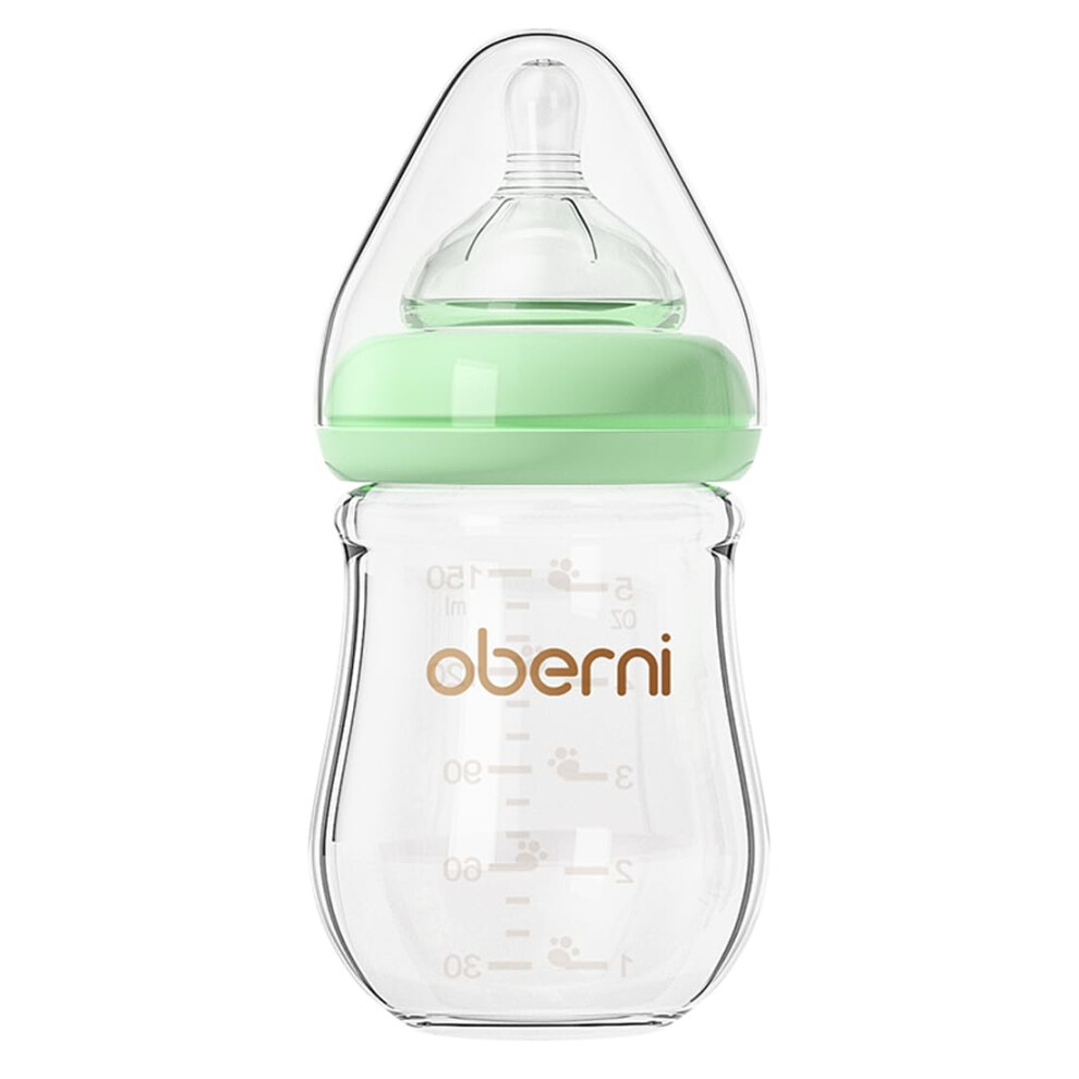 Oberni Glass Baby Bottles With Level1 Slow Flow Breast-Like Silicone Teat, 150Ml, 0+ Months Newborn, Wide-Neck, Green/1Pack