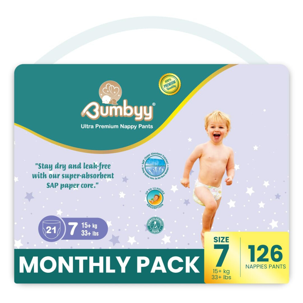 Baby Nappies Pull Ups Size 7 126 Pack – Ultra-Absorbent Leak-Proof Nappy Pants For Sensitive Skin, Hypoallergenic & Dermatologically Tested W Bumbyy