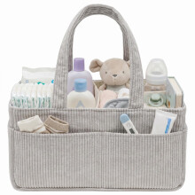 Baby Nappy Caddy Organiser, Corduroy Nursery Storage Basket Portable Baby Caddy with Handle and Pockets, Foldable Nappy Storage for Nappies Bottles, N