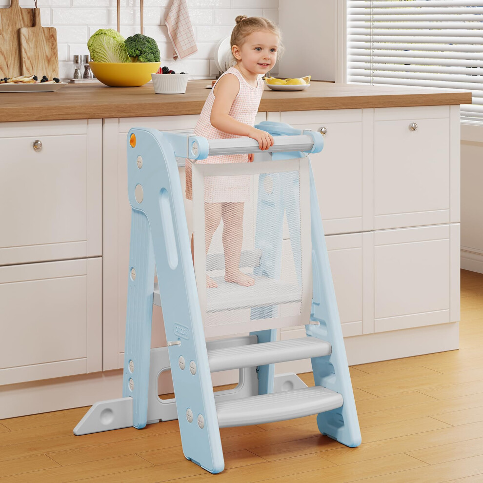 Toddler Learning Tower, Foldable Toddler Tower With Safety Bar, 3 Step Adjustable Height, Kitchen Step Stool For Kids With Handles, Non-Slip, Onasti