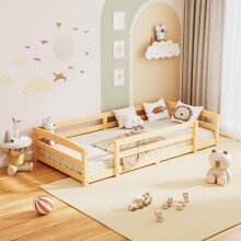 Meulbaty 190 x 90 cm Toddler Floor Bed, Montessori Floor Bed Inspired with Rails and 2 Openings, Children's bed for Toddlers 1-3 Years Old - Natural